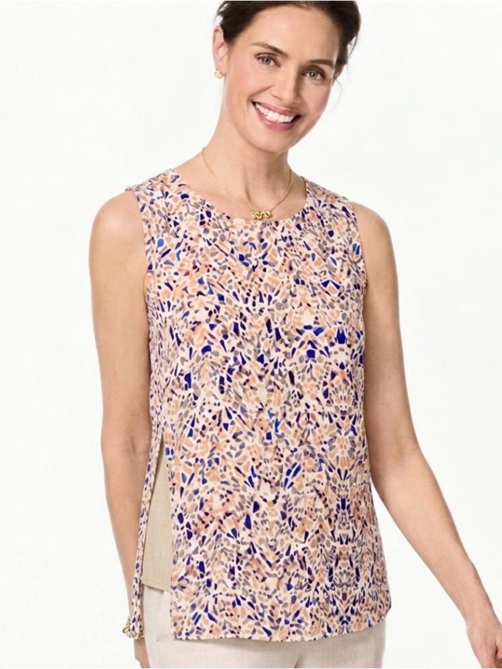 Nine West Tank Top Blue Orange Split Side Sleeveless 14 Lunch Brunch Work